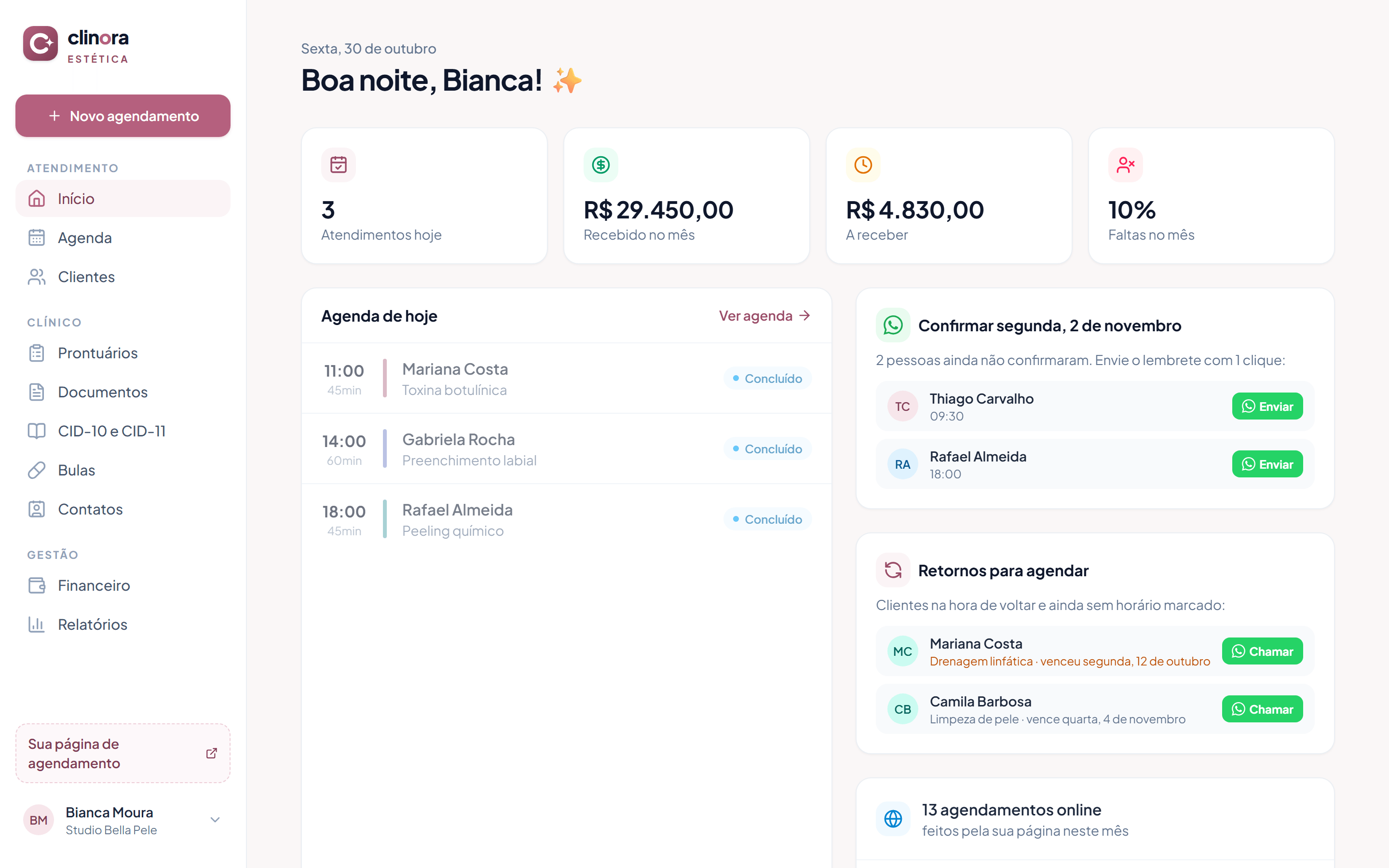 Tela inicial com retornos para agendar